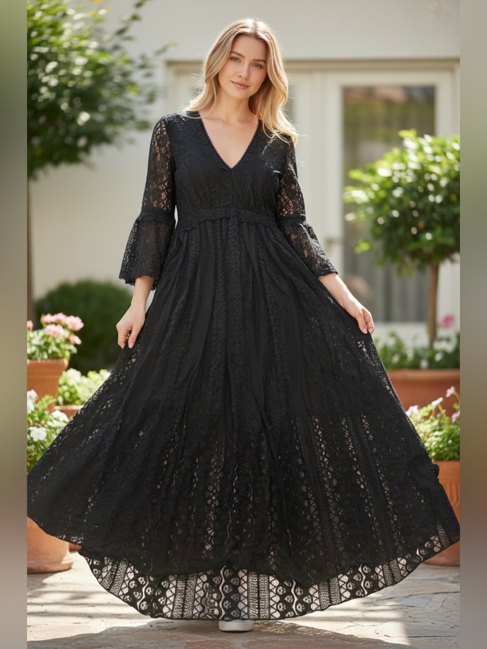 Origami New Black Lace V-Neck Maxi Dress with Bell Sleeves